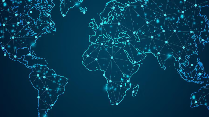 Illustration of world map representing how Artificial intelligence is rapidly taking hold in the travel industry.